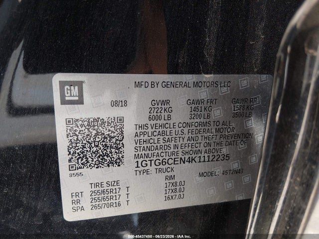 Продажа на аукционе авто 2019 Gmc Canyon Sle, vin: 1GTG6CEN4K1112235, номер лота: 45437450