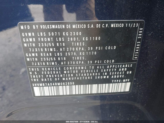 Продаж на аукціоні авто 2024 Volkswagen Tiguan 2.0t Se/2.0t Wolfsburg Edition, vin: 3VVMB7AX4RM062898, номер лоту: 45437459