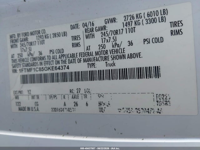 Ford F-150 Xl/xlt 2016 1FTMF1C85GKE64374 Image 9