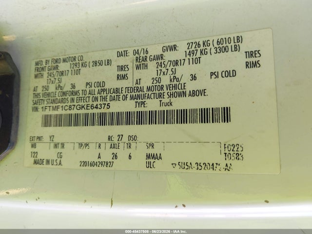 Ford F-150 Xl/xlt 2016 1FTMF1C87GKE64375 Image 9
