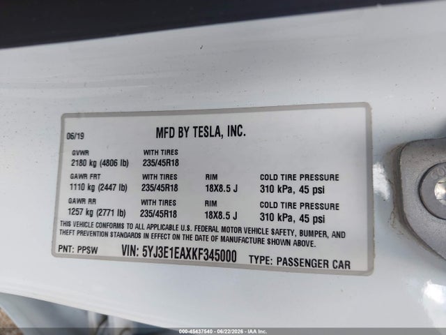 2019 Tesla Model 3 Long Range/mid Range/standard Range/standard Range Plus მანქანა იყიდება აუქციონზე, vin: 5YJ3E1EAXKF345000, აუქციონის ნომერი: 45437540