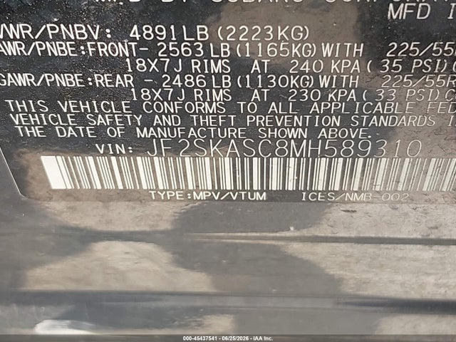 45437541 :رقم المزاد ، JF2SKASC8MH589310 vin ، 2021 Subaru Forester Limited مزاد بيع