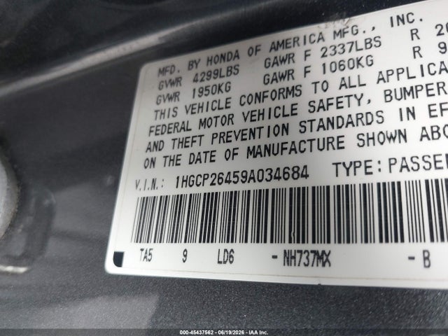 Aukcja sprzedaży 2009 Honda Accord 2.4 Lx-p, vin: 1HGCP26459A034684, numer aukcji: 45437562