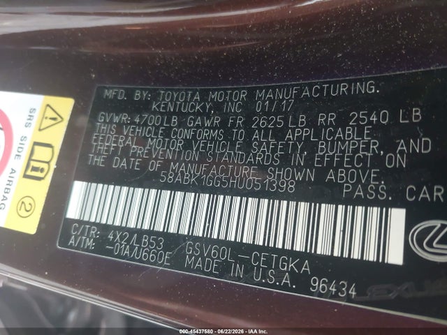 45437580 :رقم المزاد ، 58ABK1GG5HU051398 vin ، 2017 Lexus Es 350 مزاد بيع