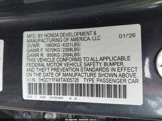 1HGCY1F4XTA005728 Honda ACCORD SE