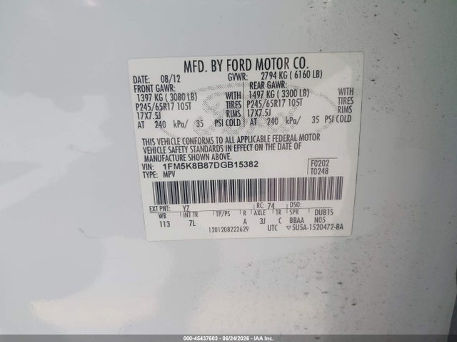 45437603 :رقم المزاد ، 1FM5K8B87DGB15382 vin ، 2013 Ford Explorer مزاد بيع