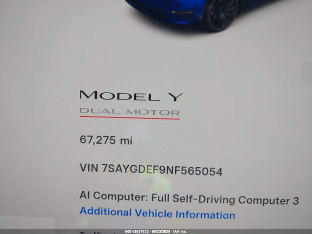 Aukcja sprzedaży 2022 Tesla Model Y Performance Dual Motor All-wheel Drive, vin: 7SAYGDEF9NF565054, numer aukcji: 45437622