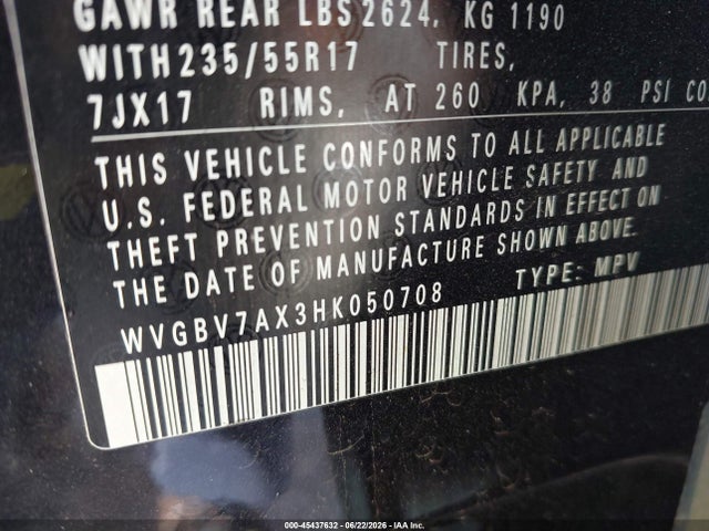 45437632 :رقم المزاد ، WVGBV7AX3HK050708 vin ، 2017 Volkswagen Tiguan 2.0t/2.0t S مزاد بيع