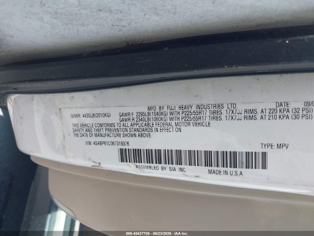 45437708 :رقم المزاد ، 4S4BP61C067319376 vin ، 2006 Subaru Outback 2.5i مزاد بيع