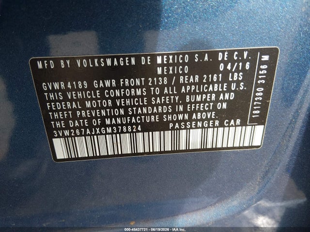 2016 Volkswagen Jetta 1.4t S მანქანა იყიდება აუქციონზე, vin: 3VW267AJXGM378824, აუქციონის ნომერი: 45437721