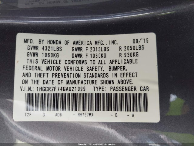 Honda ACCORD EX 2016 1HGCR2F74GA021099 Image 9