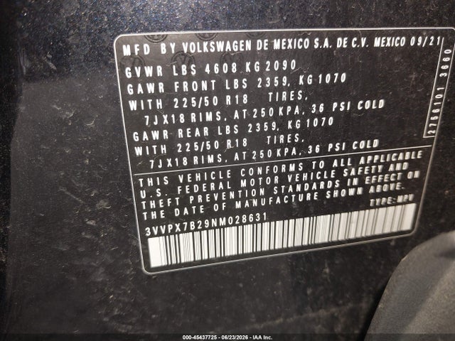 2022 Volkswagen Taos 1.5t Se მანქანა იყიდება აუქციონზე, vin: 3VVPX7B29NM028631, აუქციონის ნომერი: 45437725