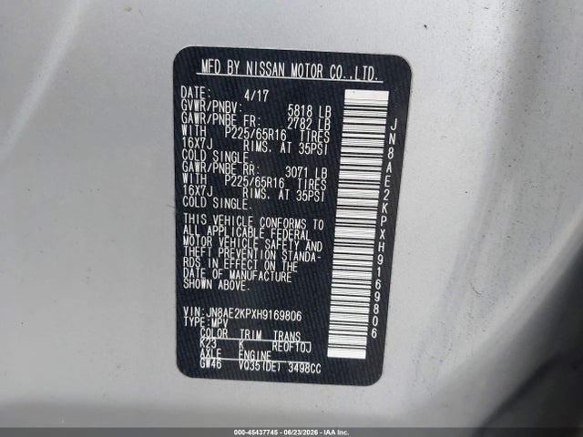 Продажа на аукционе авто 2017 Nissan Quest Sv, vin: JN8AE2KPXH9169806, номер лота: 45437745