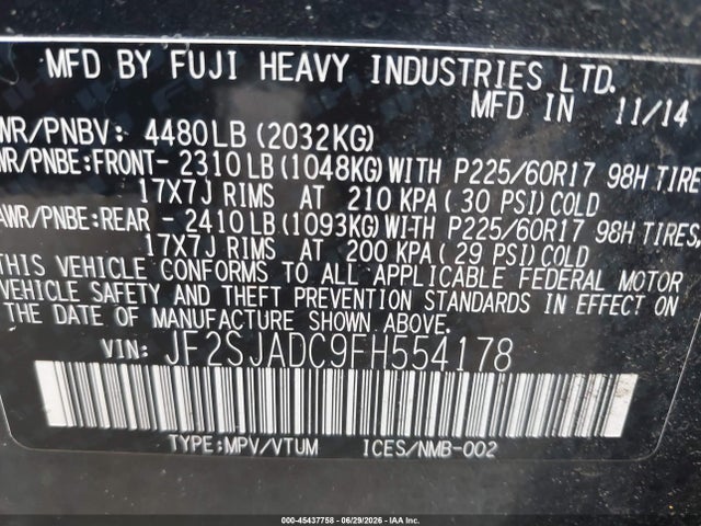 45437758 :رقم المزاد ، JF2SJADC9FH554178 vin ، 2015 Subaru Forester 2.5i Premium مزاد بيع