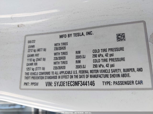 Aukcja sprzedaży 2022 Tesla Model 3 Performance Dual Motor All-wheel Drive, vin: 5YJ3E1EC3NF344146, numer aukcji: 45437763