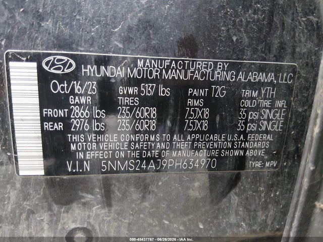 Aukcja sprzedaży 2023 Hyundai Santa Fe Sel, vin: 5NMS24AJ9PH634970, numer aukcji: 45437767