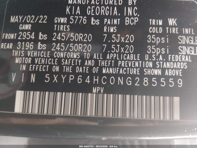 45437781 :رقم المزاد ، 5XYP64HC0NG285559 vin ، 2022 Kia Telluride S مزاد بيع