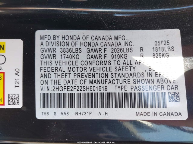 2HGFE2F22SH601619 Honda Civic Lx