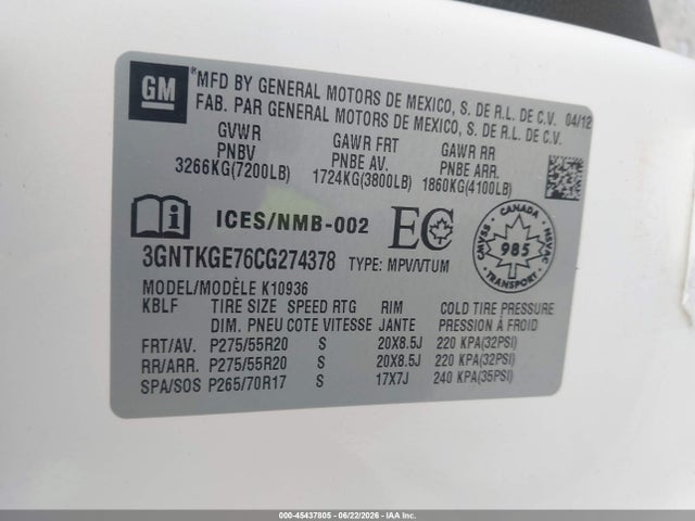 Aukcja sprzedaży 2012 Chevrolet Avalanche Ltz, vin: 3GNTKGE76CG274378, numer aukcji: 45437805