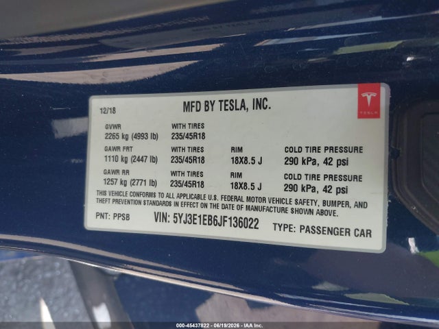 Продаж на аукціоні авто 2018 Tesla Model 3 Long Range/performance, vin: 5YJ3E1EB6JF136022, номер лоту: 45437822
