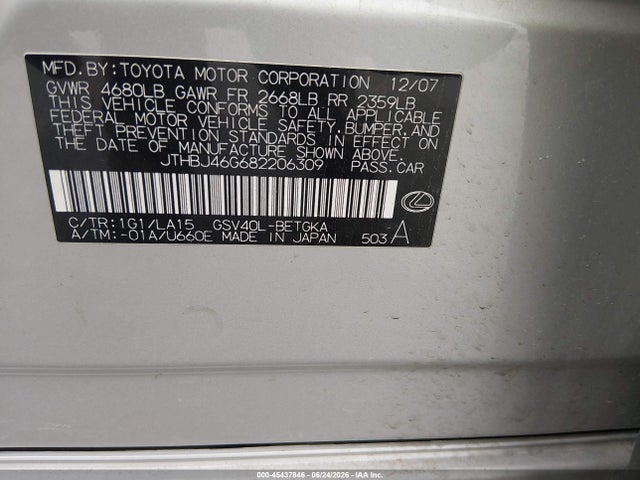 2008 Lexus Es 350 მანქანა იყიდება აუქციონზე, vin: JTHBJ46G682206309, აუქციონის ნომერი: 45437846