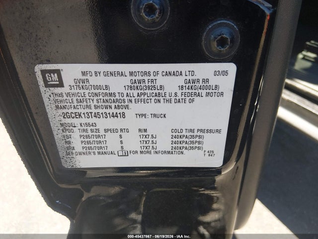 Aukcja sprzedaży 2005 Chevrolet Silverado 1500 Z71, vin: 2GCEK13T451314418, numer aukcji: 45437867