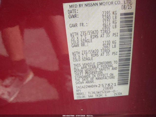 5N1AZ2MH0FN257821 Nissan Murano Platinum