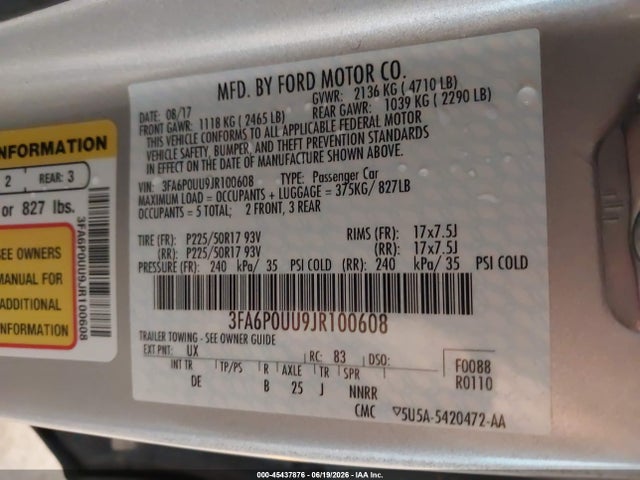 3FA6P0UU9JR100608 Ford Fusion Hybrid S