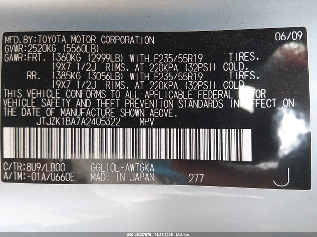 Aukcja sprzedaży 2010 Lexus Rx 350, vin: JTJZK1BA7A2405322, numer aukcji: 45437879