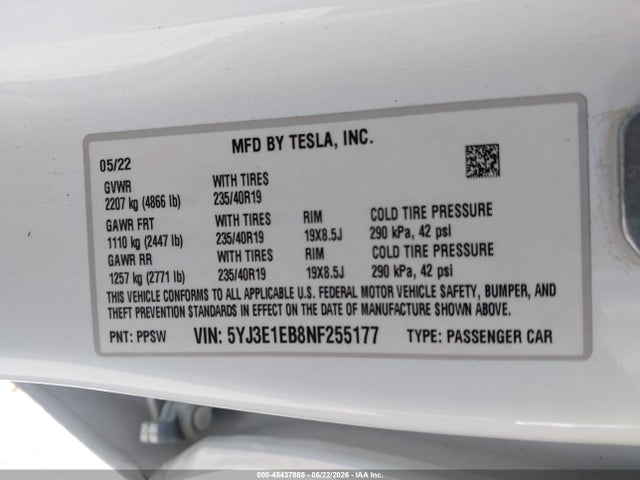 Продажа на аукционе авто 2022 Tesla Model 3 Long Range Dual Motor All-wheel Drive, vin: 5YJ3E1EB8NF255177, номер лота: 45437885
