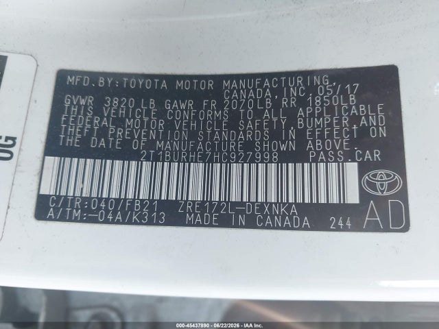 Toyota COROLLA LE 2017 2T1BURHE7HC927998 Image 9