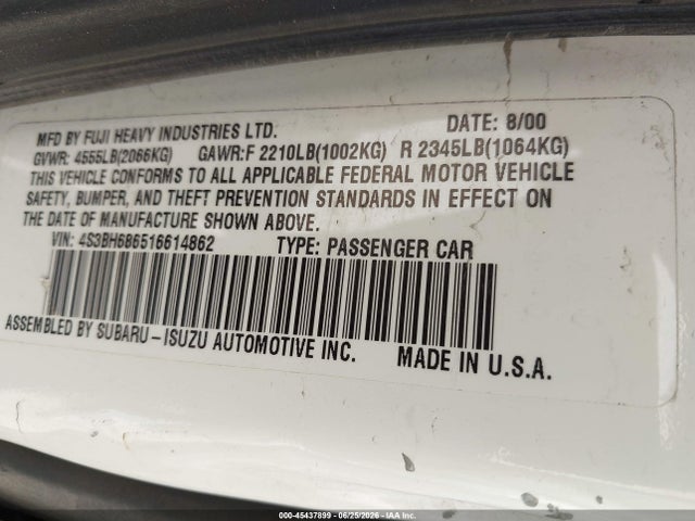 Продажа на аукционе авто 2001 Subaru Outback Limited, vin: 4S3BH686516614862, номер лота: 45437899