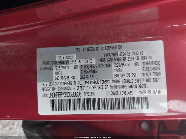 Продажа на аукционе авто 2022 Mazda Cx-5 2.5 S Premium Plus, vin: JM3KFBEM3N0533635, номер лота: 45437909