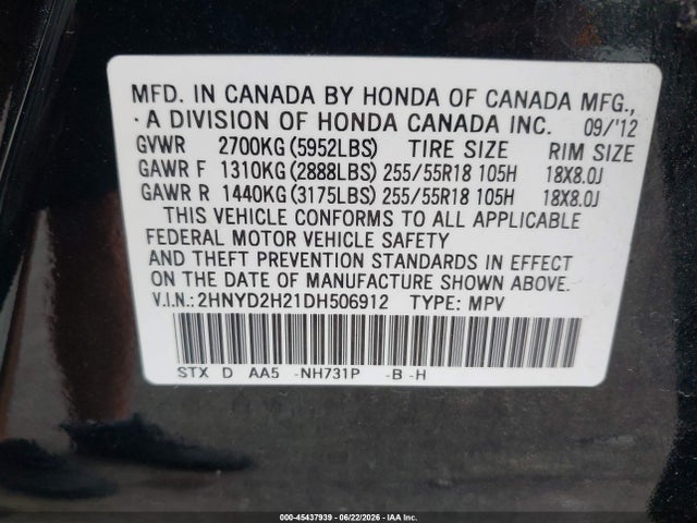 Продажа на аукционе авто 2013 Acura Mdx, vin: 2HNYD2H21DH506912, номер лота: 45437939