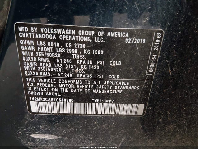 2019 Volkswagen Atlas 3.6l V6 Sel მანქანა იყიდება აუქციონზე, vin: 1V2MR2CA6KC540380, აუქციონის ნომერი: 45437940