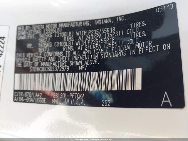 Aukcja sprzedaży 2013 Toyota Sienna Limited V6 7 Passenger, vin: 5TDYK3DC6DS372979, numer aukcji: 45437981