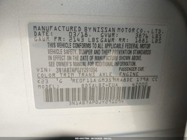 3N1AB7AP0JY291094 Nissan SENTRA S