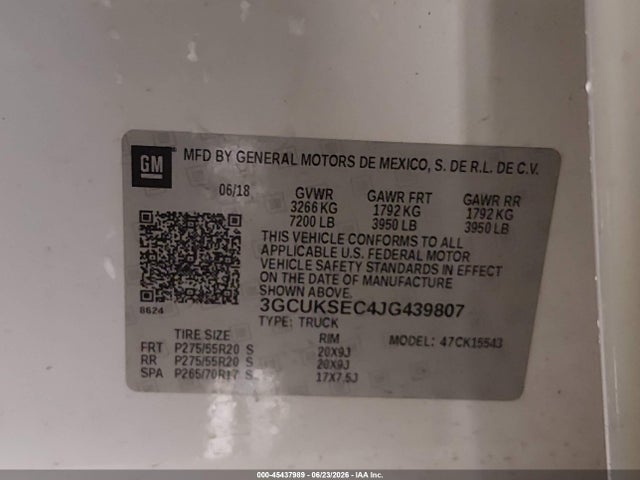 Продаж на аукціоні авто 2018 Chevrolet Silverado 1500 Ltz, vin: 3GCUKSEC4JG439807, номер лоту: 45437989