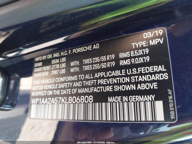 2019 Porsche Macan მანქანა იყიდება აუქციონზე, vin: WP1AA2A57KLB06808, აუქციონის ნომერი: 45437999