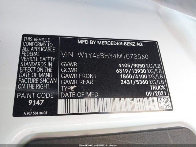 2021 Mercedes-benz Sprinter 2500 Standard Roof V6 მანქანა იყიდება აუქციონზე, vin: W1Y4EBHY4MT073560, აუქციონის ნომერი: 45438013