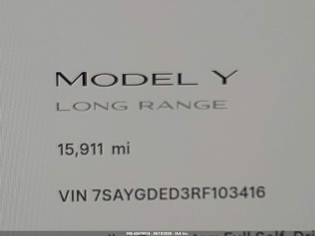 2024 Tesla Model Y Long Range Single Motor Rear-wheel Drive/rwd მანქანა იყიდება აუქციონზე, vin: 7SAYGDED3RF103416, აუქციონის ნომერი: 45438016