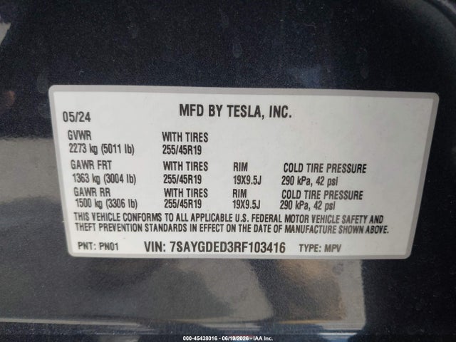 2024 Tesla Model Y Long Range Single Motor Rear-wheel Drive/rwd მანქანა იყიდება აუქციონზე, vin: 7SAYGDED3RF103416, აუქციონის ნომერი: 45438016