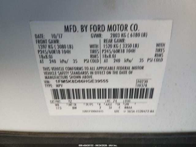 2017 Ford Explorer Xlt მანქანა იყიდება აუქციონზე, vin: 1FM5K8D86HGE39555, აუქციონის ნომერი: 45438132