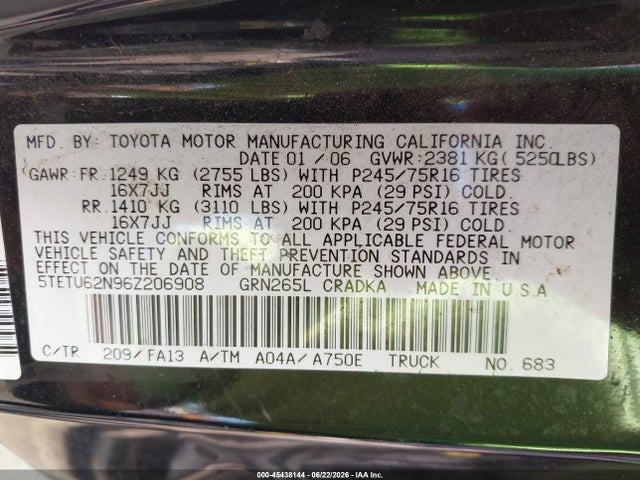 45438144 :رقم المزاد ، 5TETU62N96Z206908 vin ، 2006 Toyota Tacoma Prerunner V6 مزاد بيع