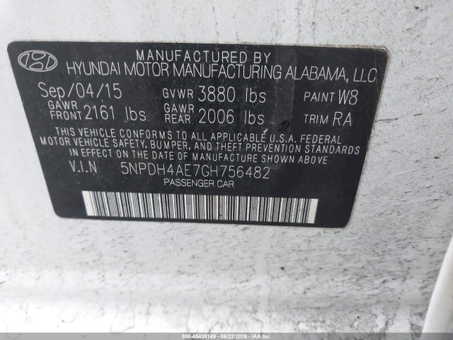 2016 Hyundai Elantra Se მანქანა იყიდება აუქციონზე, vin: 5NPDH4AE7GH756482, აუქციონის ნომერი: 45438149