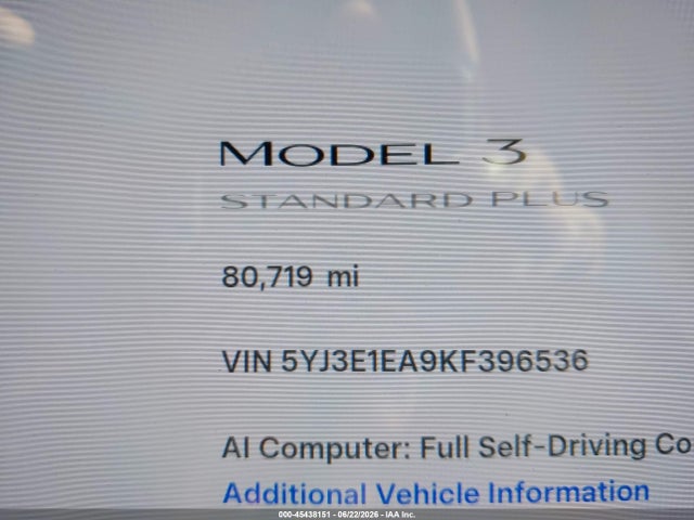 2019 Tesla Model 3 Long Range/mid Range/standard Range/standard Range Plus მანქანა იყიდება აუქციონზე, vin: 5YJ3E1EA9KF396536, აუქციონის ნომერი: 45438151
