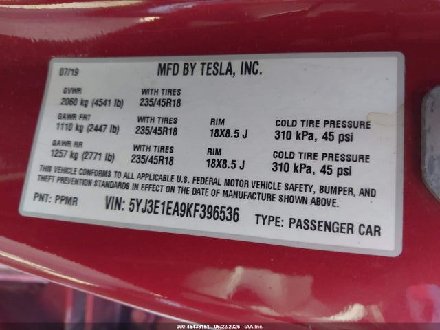 2019 Tesla Model 3 Long Range/mid Range/standard Range/standard Range Plus მანქანა იყიდება აუქციონზე, vin: 5YJ3E1EA9KF396536, აუქციონის ნომერი: 45438151