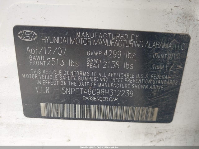Продажа на аукционе авто 2008 Hyundai Sonata Gls, vin: 5NPET46C98H312239, номер лота: 45438157