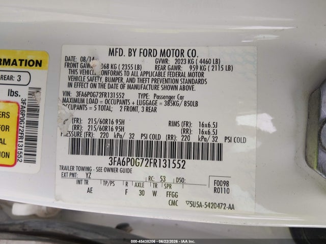 Ford FUSION S 2015 3FA6P0G72FR131552 Image 9