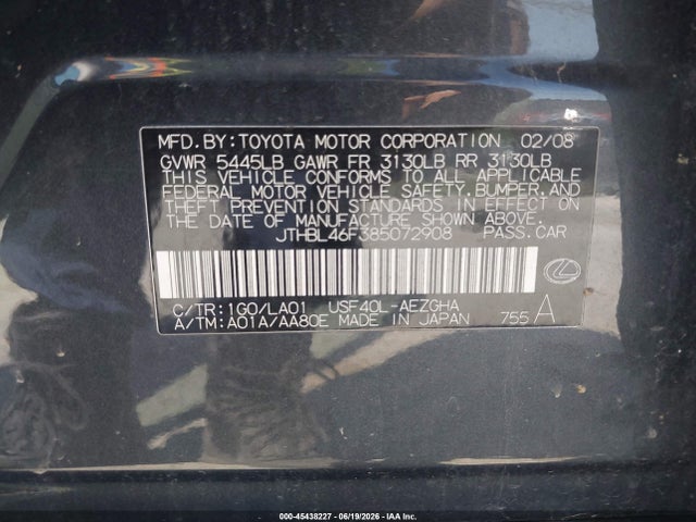 Aukcja sprzedaży 2008 Lexus Ls 460, vin: JTHBL46F385072908, numer aukcji: 45438227